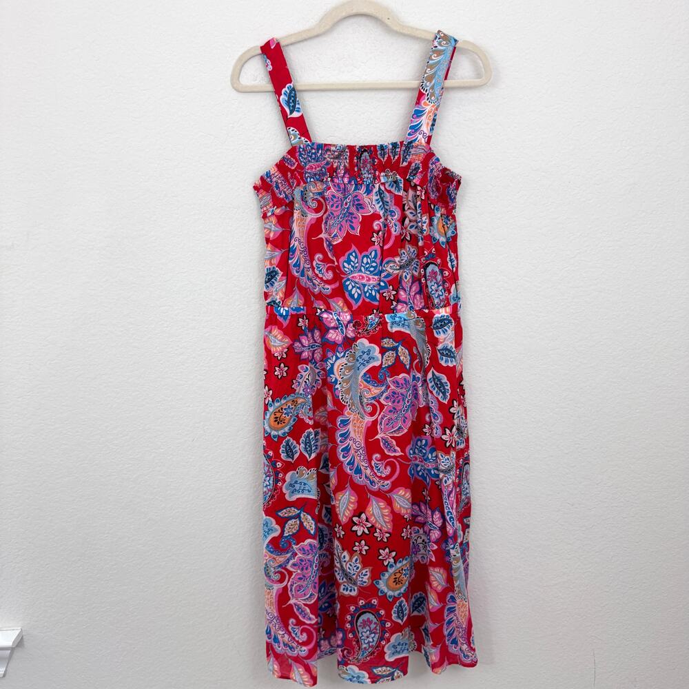 Talbots Womens Strapless Sun Midi Dress Size 14 Petite Paisley Summer Cotton Red